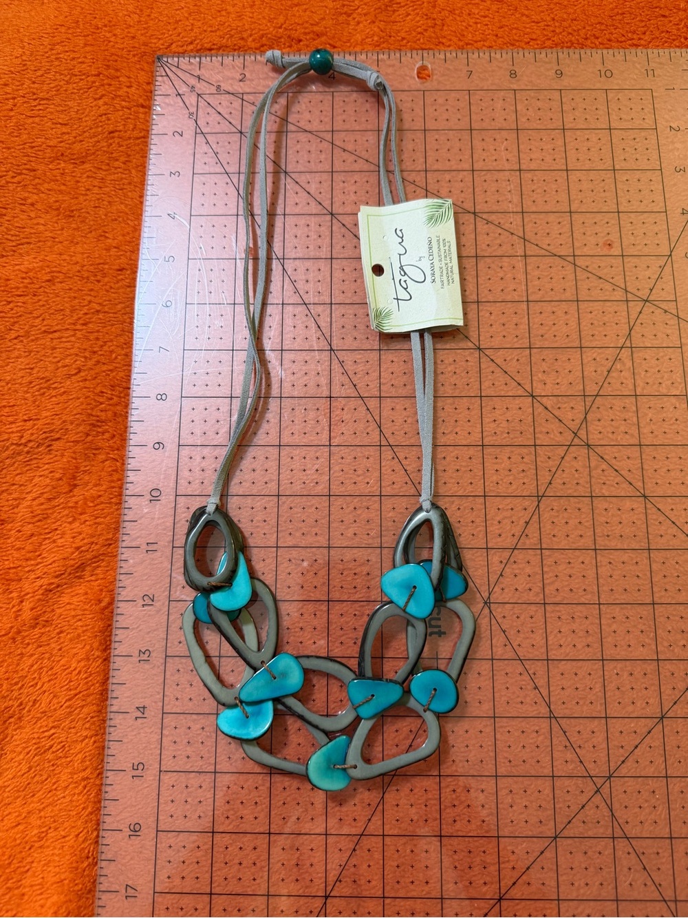 Tagua by Soraya Cedeno Statement Necklace Turquoise Gray Tagua Nut NWT